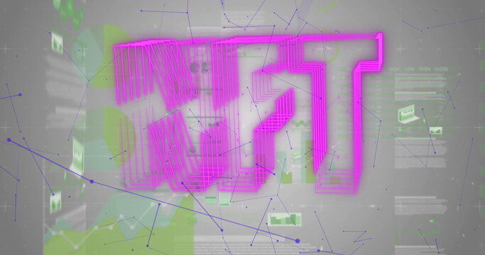 Floating neon pink Chinese text ?? dominating computer dashboard, with green network charts - Powered by Adobe