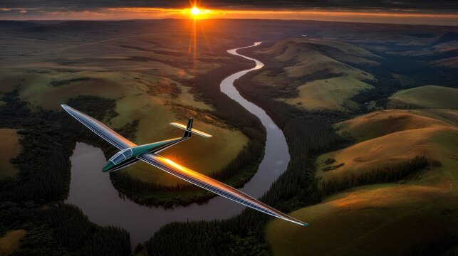Glider Plane Soars Over Rolling Hills and Serene River at Sunset in Majestic Landscape