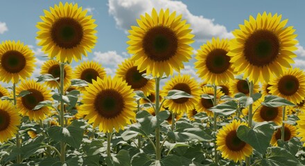 Obraz premium Field of Sunflowers Under Blue Sky with Clouds.