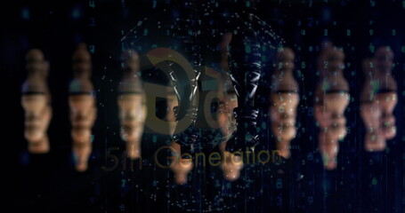 5G 5th Gen logo floating over wireframe globe in cyberspace, green binary streams, blurred faces