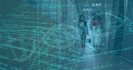 Walking scientists wearing lab coats in lab hallway with smartphone, clipboard, DNA helix and code