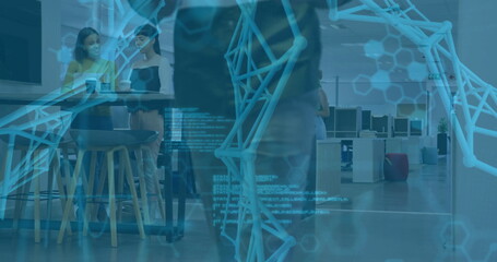 Standing two women holding coffee cups chatting at collaboration table, digital overlay, copy space