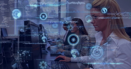 Typing blonde wearing glasses and white shirt at office desk with holographic graphics, copy space