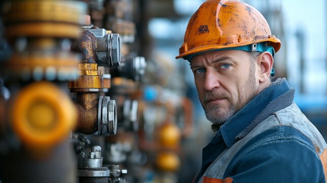 A worker wearing a helmet and safety goggles on the background of industrial equipment. Applicable in articles about industrial safety and working conditions.