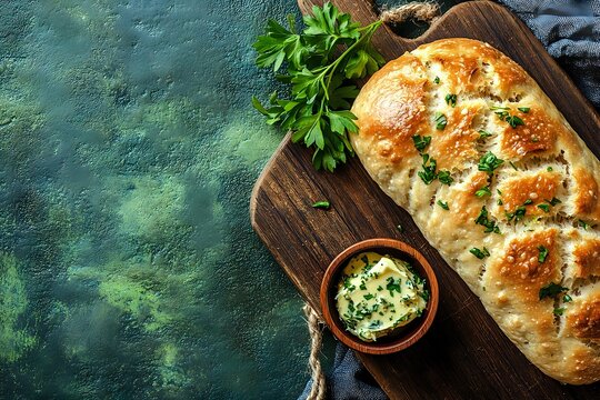 Freshly baked artisan bread loaf with herb butter and parsley on rustic wooden cutting board against textured teal background. Food photography setup. - Powered by Adobe