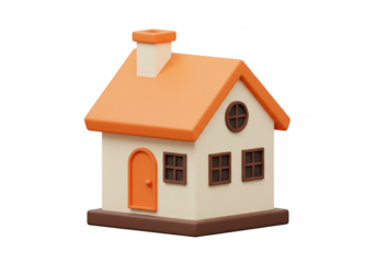 A charming cartoon house with an orange roof, white walls, and a brown base, isolated on a transparent background