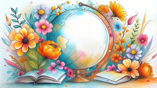 Colorful watercolor globe surrounded by flowers and open books for Back to school  
