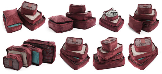 Packing cubes with clothes isolated on white, set