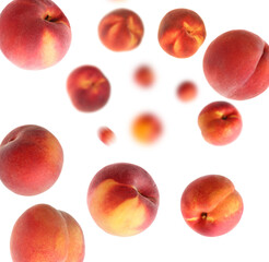 Fresh peaches whirling in air against white background