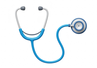 A blue stethoscope, a common medical instrument used by doctors and nurses to listen to internal body sounds, isolated on a transparent background