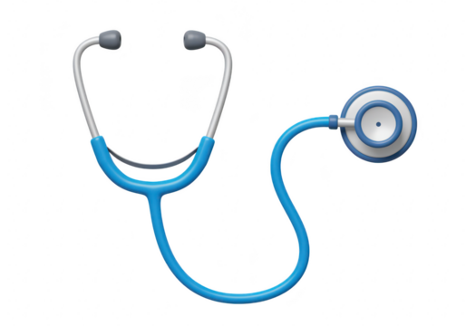 A blue stethoscope, a common medical instrument used by doctors and nurses to listen to internal body sounds, isolated on a transparent background