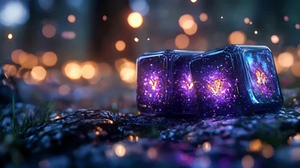 Fotobehang Meisjeskamer Glowing purple ice cubes with magical sparkles on dark background with bokeh lights, mystical atmosphere creates enchanting mood for fantasy designs and decorative art.  © Yuliia