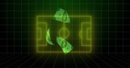 Floating neon yellow soccer pitch outline in digital grid space, with drifting green dollar bills