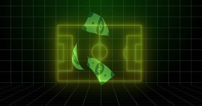 Floating neon yellow soccer pitch outline in digital grid space, with drifting green dollar bills