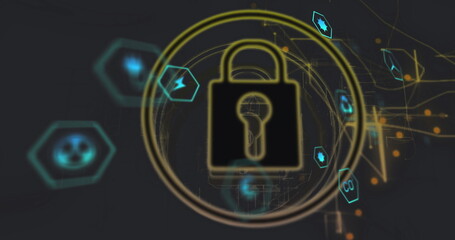 Animating golden padlock within glowing rings on digital network lines, with teal hexagon icons