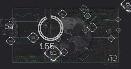 Displaying circular gauge reading 155 on network operations dashboard, with floating 5G icons