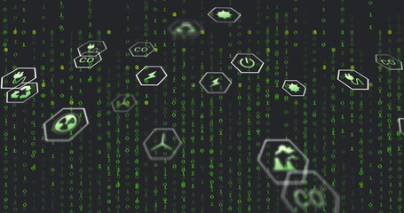 Floating hexagonal icons showing CO2, recycling, wind and solar energy in binary data backdrop