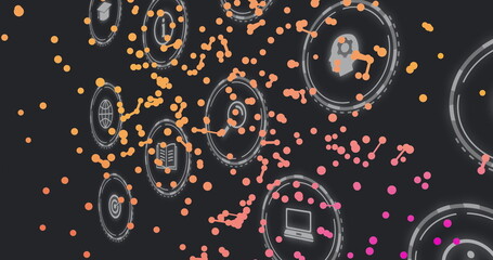 Animating UI icons shifting diagonally on dark interface, with globe icon and orange-pink particles