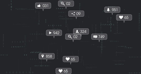 Floating social media notification icons drifting over dark-gray background, with binary code