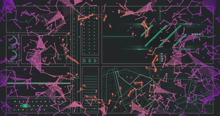 Displaying dashboard showing interconnected network nodes in data analytics console, with UI panels