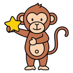cute monkey holding star flat color vector illustration template design