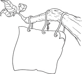 A blank scroll or sign is hanging from a tree branch. This hand-drawn illustration can be used as a template to add your own text, messages, or images. Perfect for nature-themed designs, announcement.