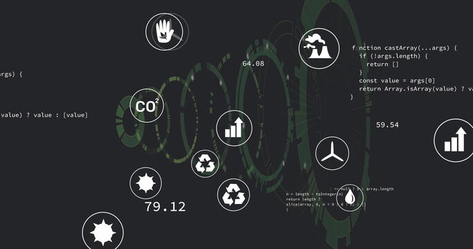 Displaying data dashboard rotating green rings on monitor, with CO2 and recycling icons and code