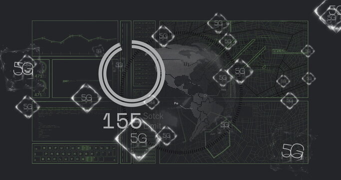 Displaying circular gauge reading 155 on network operations dashboard, with floating 5G icons - Powered by Adobe