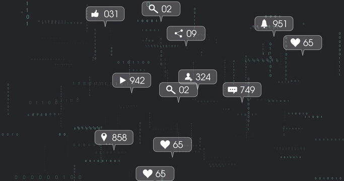 Floating social media notification icons drifting over dark-gray background, with binary code - Powered by Adobe