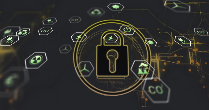 Central padlock icon glowing in virtual network interface, with floating hexagonal energy symbols