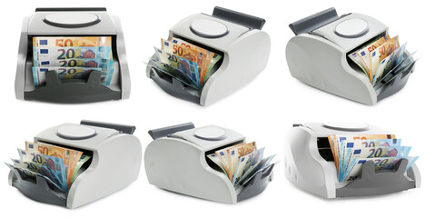 Money counter machine with euro bills isolated on white, set © New Africa