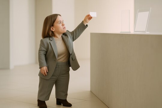 Disabled people in city scene with white woman with dwarfism reaching for high reception counter, fingertips short of edge, minimalist lobby, soft afternoon light, pastel tones, focus on height gap.