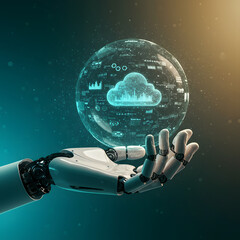 A robotic hand holding a glowing digital globe displaying cloud computing and futuristic technology icons.