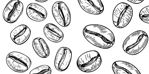 The pattern combines a coffee bean design with grain texture, and is complemented by illustrations of cappuccino, espresso, and hand-drawn seeds in a cafe or cafeteria shop background, commonly used