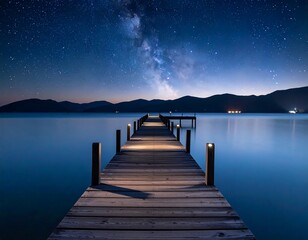 Fototapeta premium Serene night scene; long exposure of a wooden dock extending into a calm lake under a vibrant Milky Way