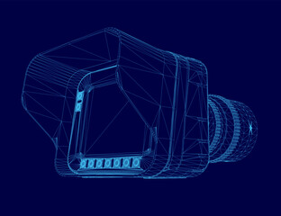 A 3D wireframe model of a camera stands out against a smooth blue background, showcasing intricate details and geometric precision. The transparent design highlights internal components.
