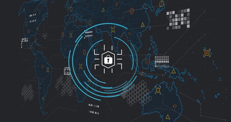 Displaying central security lock symbol over virtual world map, with hex grid and data markers