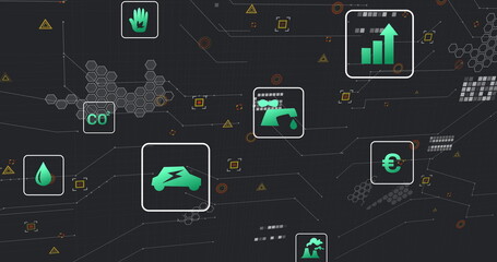 Showcasing green electric vehicle icon floating on digital dashboard, with metric icons