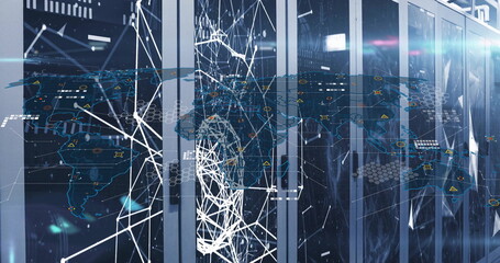 Projecting digital network overlay on server cabinets in data center aisle, with blue lighting glow