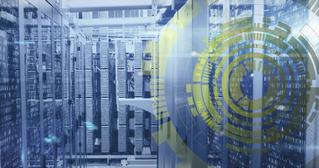 Central server racks glowing in data center aisle, with servers, cable trays and digital overlay