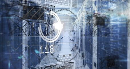 Displaying circular HUD gauge and numeric readout hovering over urban street with wireframe overlay