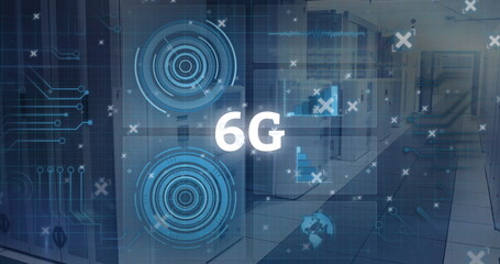 Displaying translucent blue HUD circles hovering over data center with circuit traces and 6G text