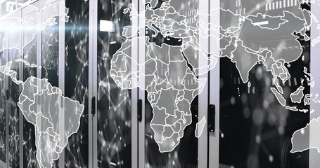Showing server cabinets housing network servers in data center, with digital map overlay