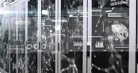 Glowing server racks displaying holographic data overlays in data center, with LED status lights