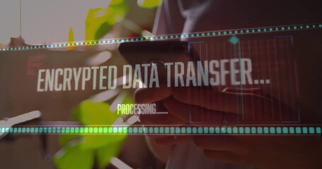 Holding smartphone woman wearing casual top observing encrypted overlay in office with leafy plants