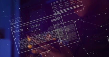 Interacting woman tapping touchscreen in dark tech workspace, with floating data and network nodes
