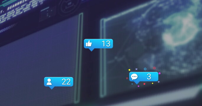 Floating notifications glowing on dark dashboard interface, with thumbs-up, user and comment icons