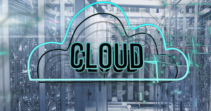 Projecting neon cloud graphic showing CLOUD in data center, with server racks and circuit overlay