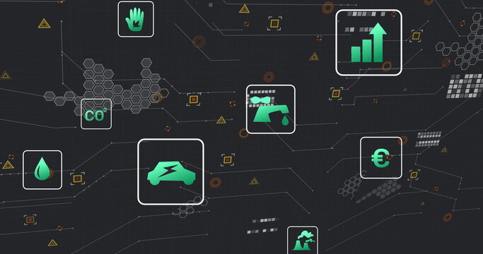 Showcasing green electric vehicle icon floating on digital dashboard, with metric icons