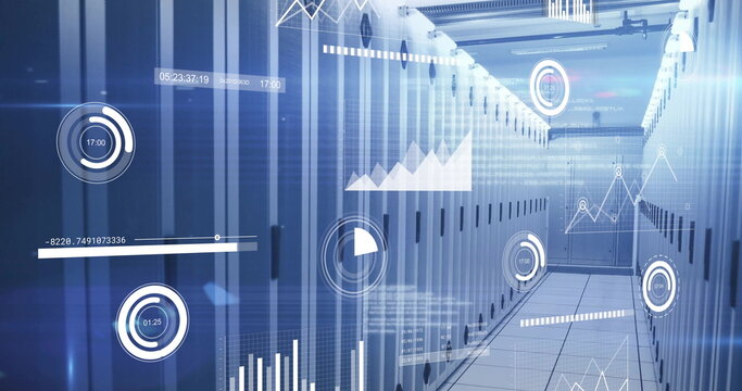 Showing central server racks aisle on raised tile floor in server room, with digital HUD overlays